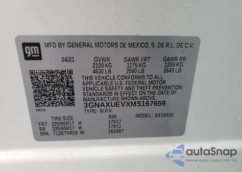 2021 Chevrolet Equinox Lt from USA, damaged, VIN 3GNAXUEVXMS167659